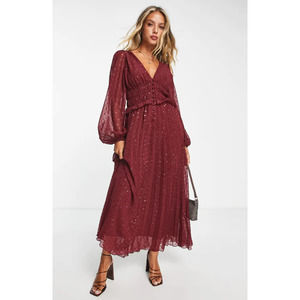 ASOS DESIGN Button Ruch Waist Pleated Clip Dot Dress Long 2 Sleeve Metallic Red